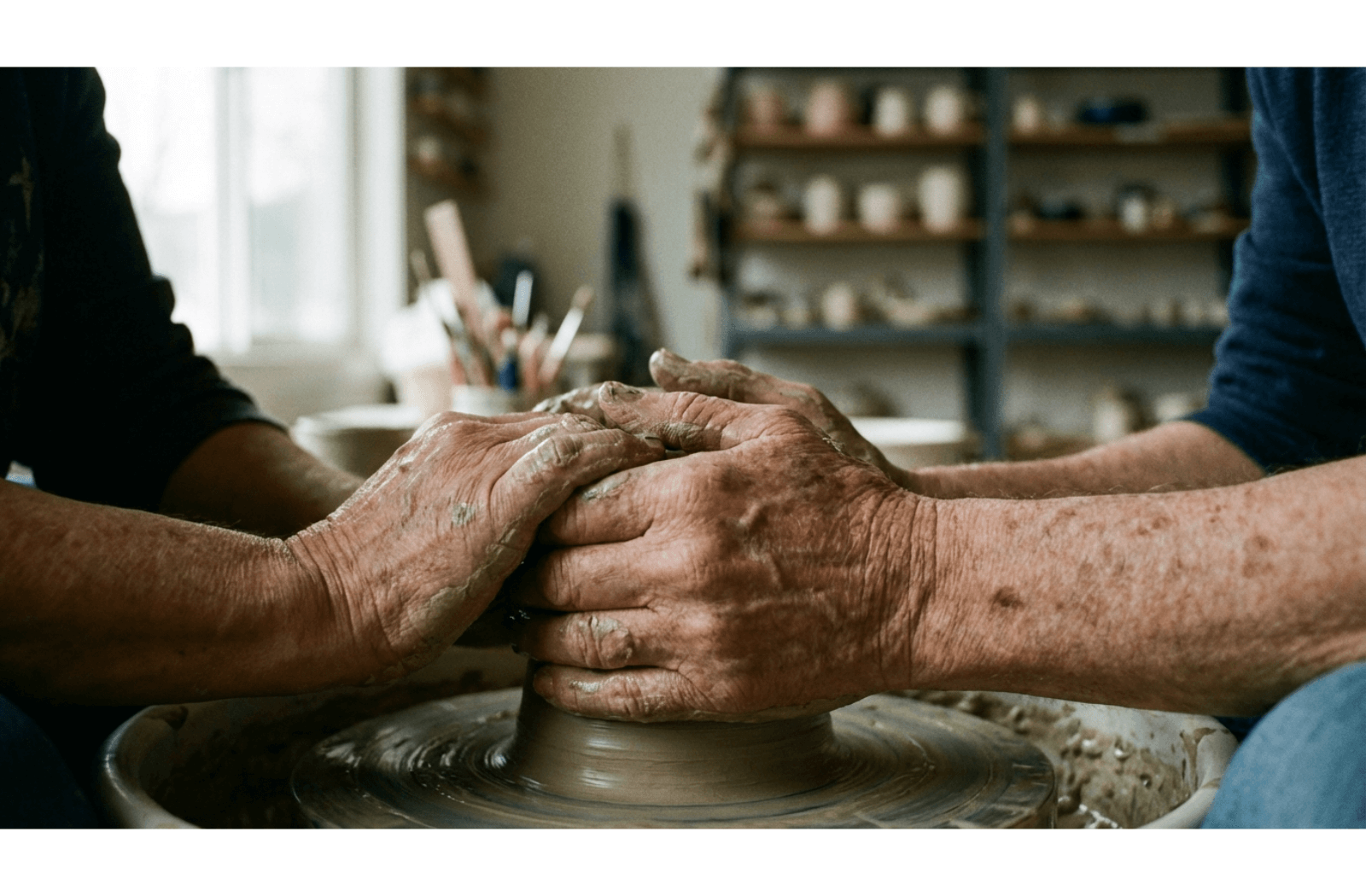 Close-up of four hands covered in clay working on a pottery wheel, highlighting shared activity between older adults.