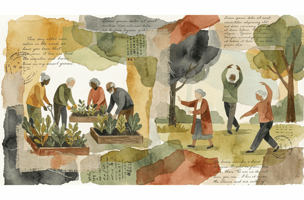 artistic collage showing older adults gardening and practicing Tai Chi together, representing wellness and community connection.