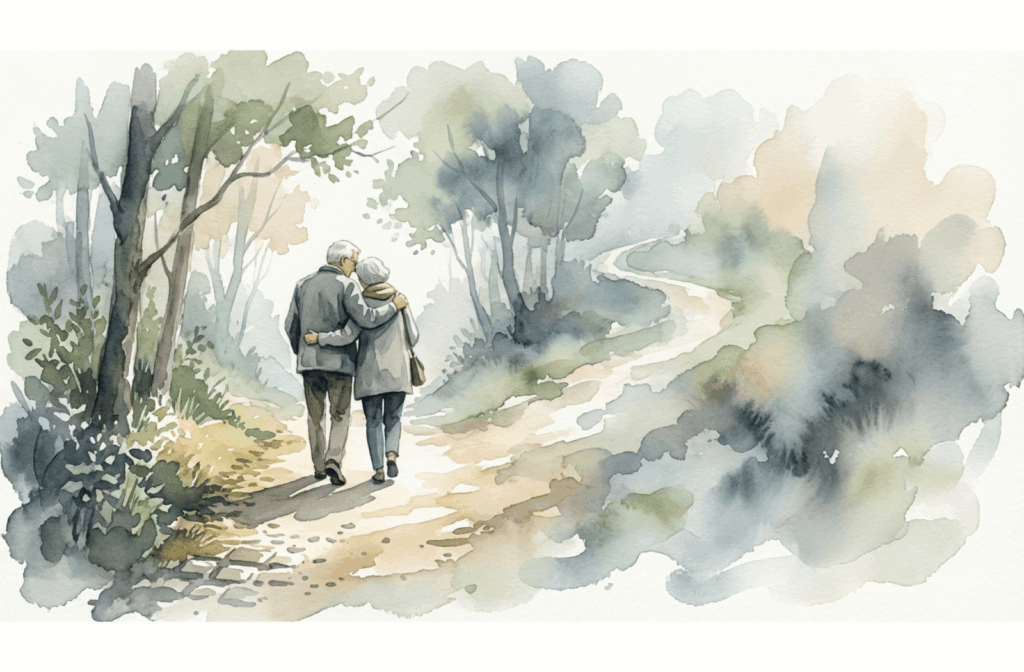 Watercolor painting of an older adult and a companion walking on a path that fades gently, symbolizing the journey through changing cognitive stages.