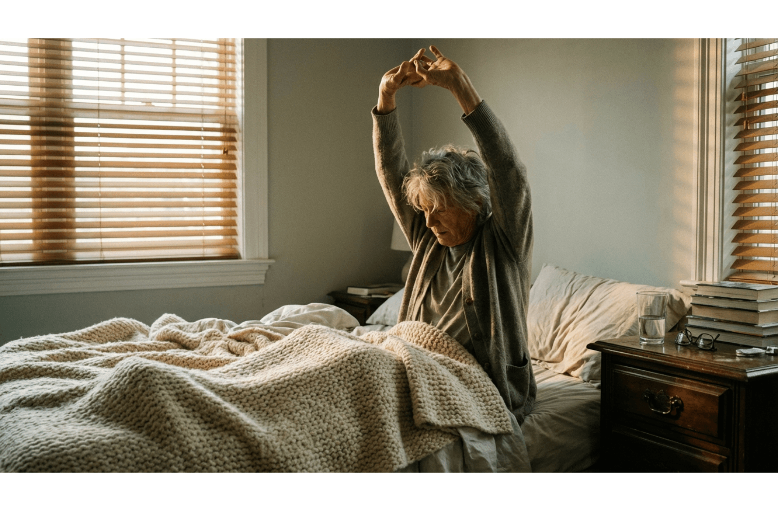 Older adult sitting on the edge of a bed and stretching their arms while waking up in a sunlit room.