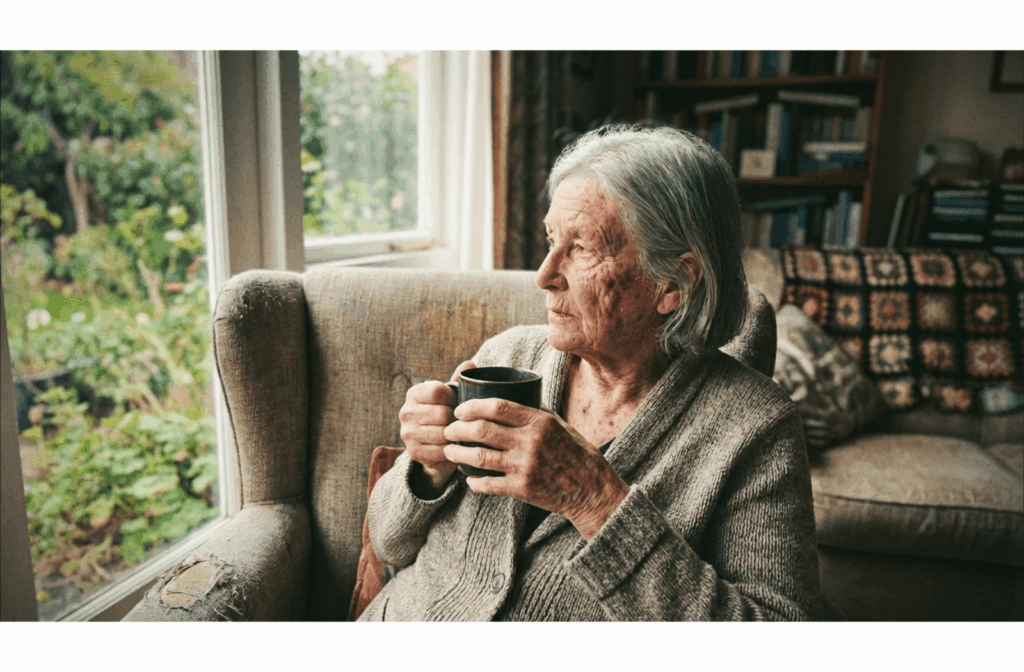 Older adult sitting in a sunlit armchair holding a mug and looking out a window, appearing awake and engaged with the morning.
