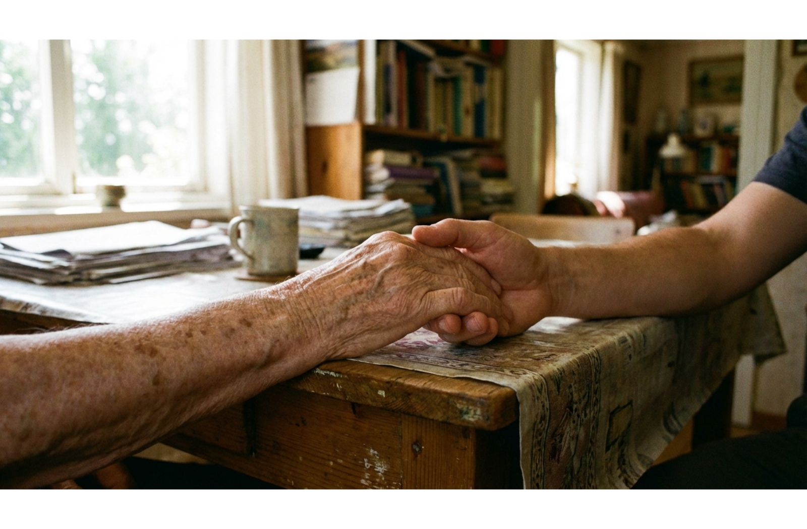 Close-up of an adult person holding the hand of an elderly parent across a kitchen table during a serious discussion about living arrangements.