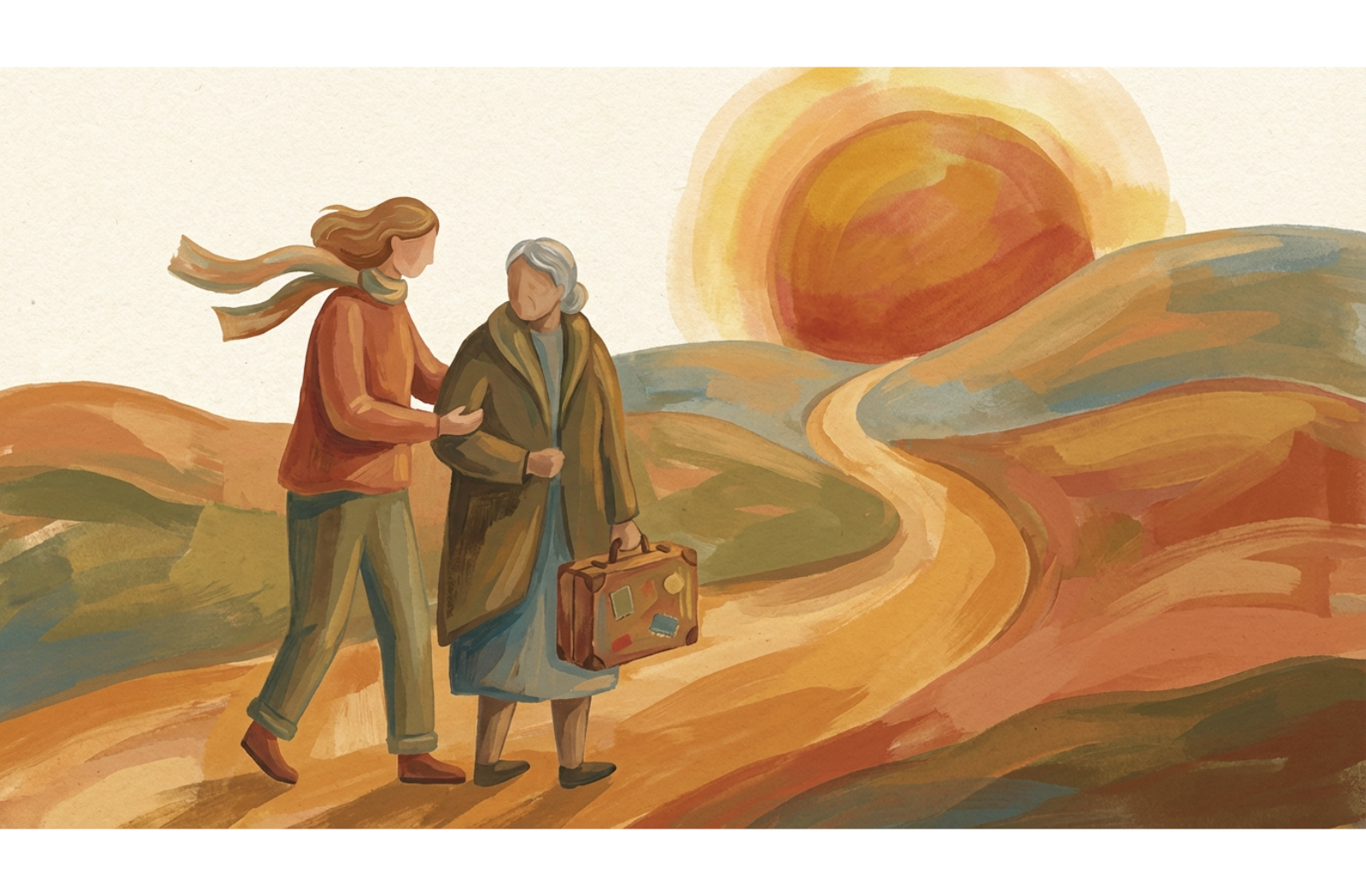Illustration of a younger person gently guiding an older person with a suitcase along a path toward a warm horizon.
