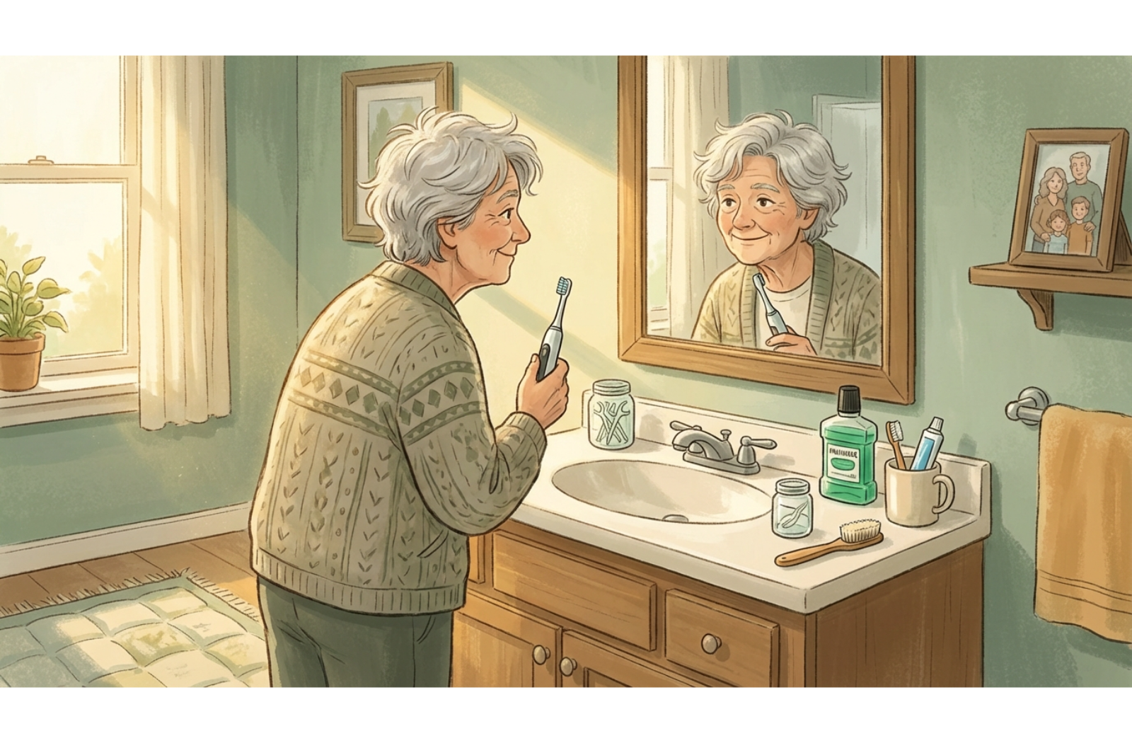 an illustration of a senior standing in front of a mirror, brushing her teeth