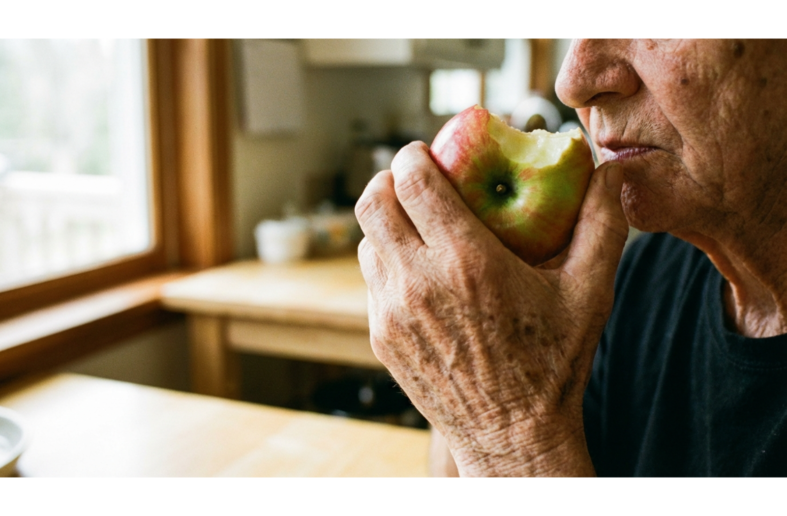 a senior eating an apple to improve oral health