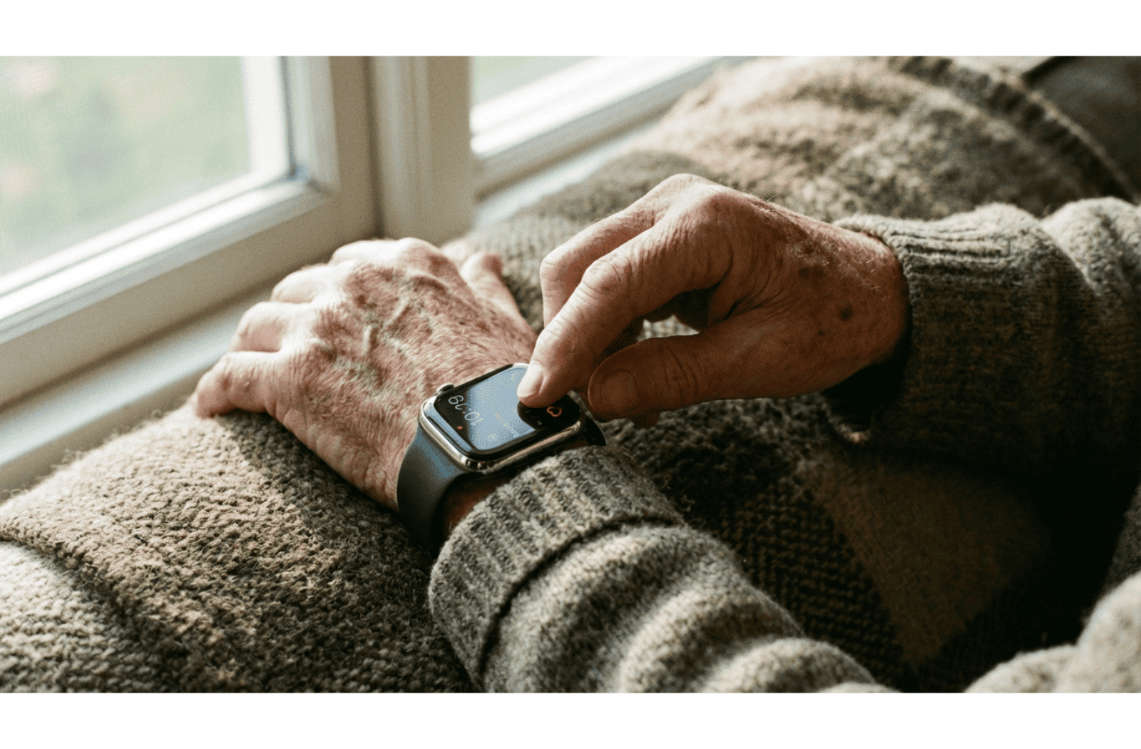 Close-up of an older adult's hands adjusting a smartwatch while resting on a wool blanket.
