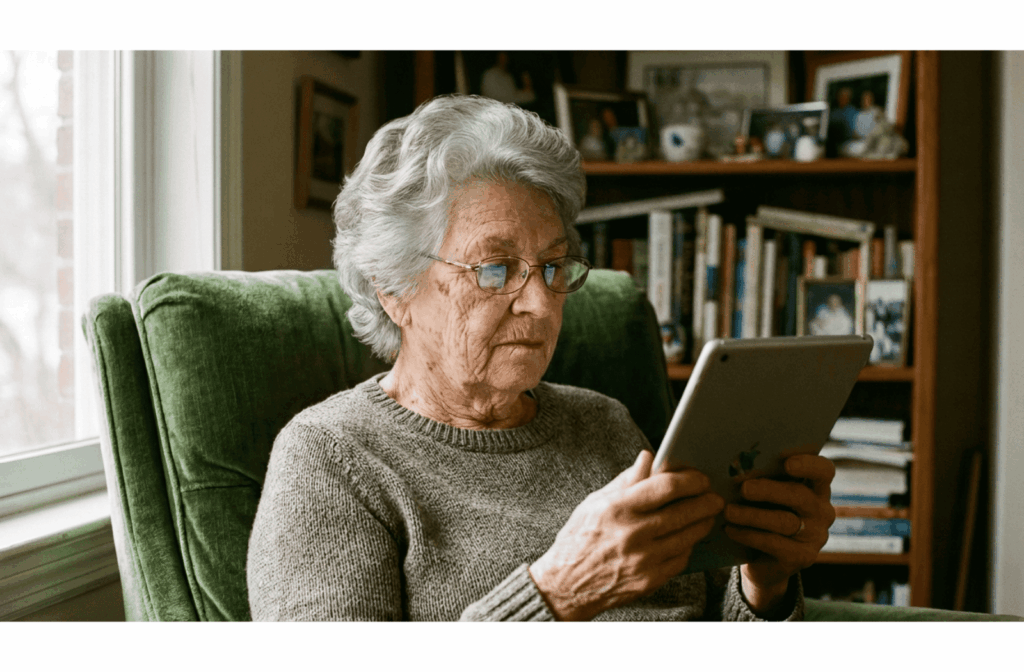 Close-up of an older adult's hands adjusting a smartwatch while resting on a wool blanket.
